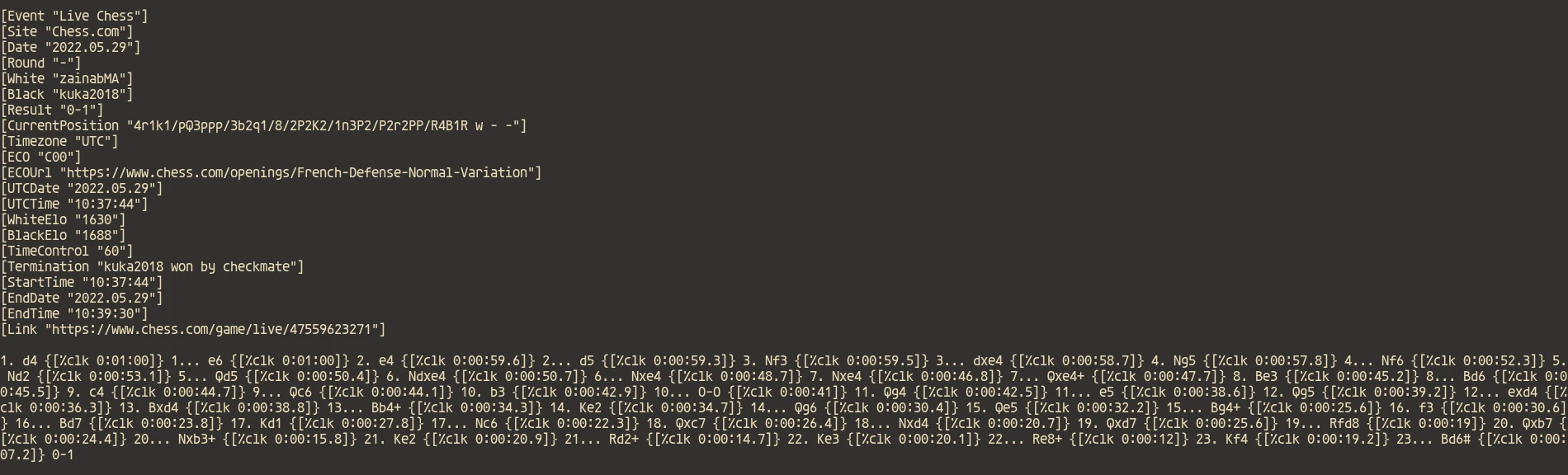 Raw PGN string of a chess.com game printed in the terminal