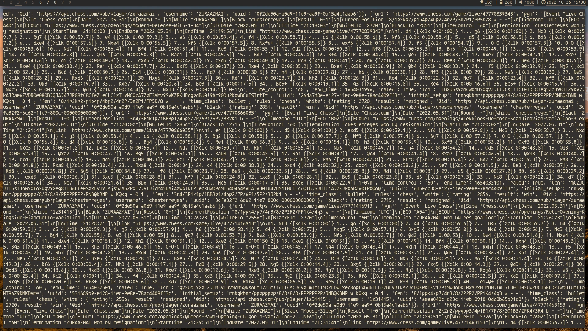 Wall of JSON game data from the chess.com API in the terminal